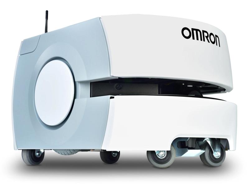 A white mobile robot with four small wheels. 