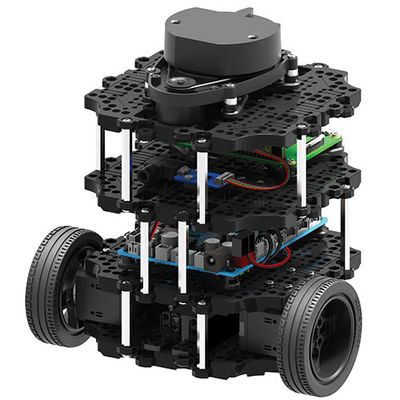 A modular black mobile robot with two rubber wheels and a scalable three layered structure of 3D-printed plates, each of which houses electronics and sensors.