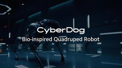 Four-legged quadruped with dark plastic body stands in a modern office with the words CyberDog Bio-inspired Quadruped Robot in the foreground.