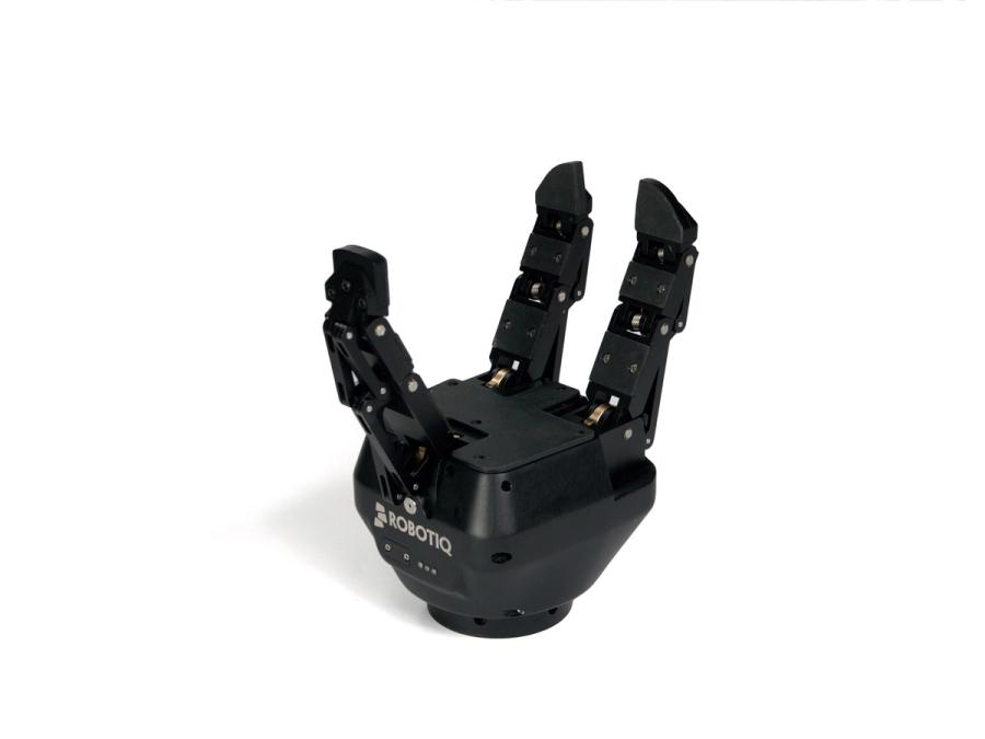 A three fingered robotic gripper hand on a white background.