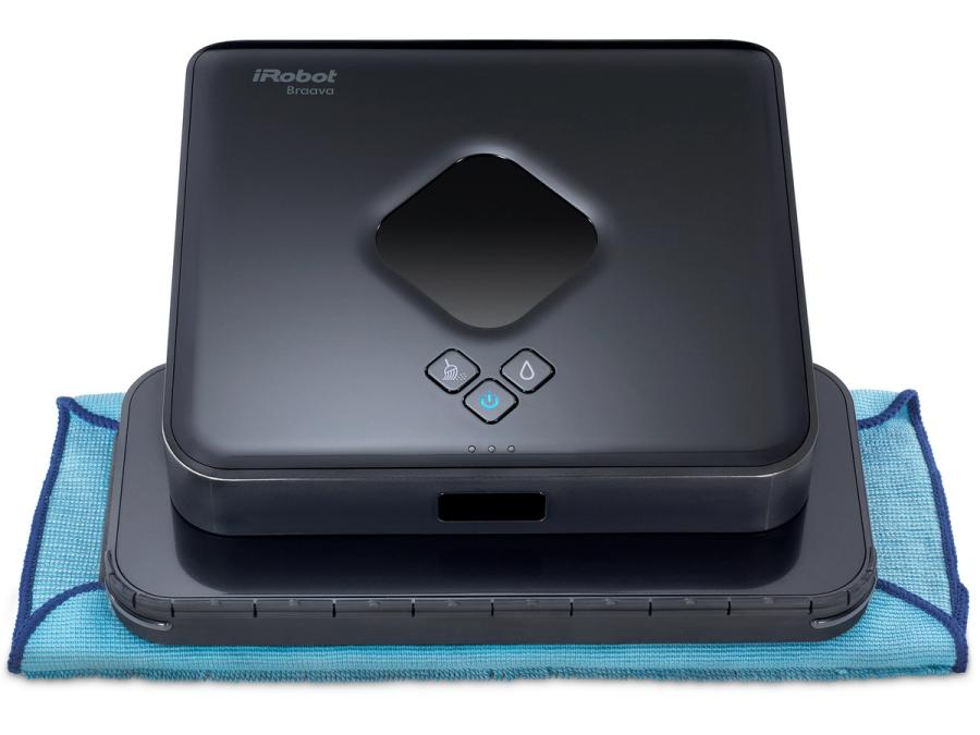 A square black robot vacuum with a blue cleaning rag attached to the bottom.