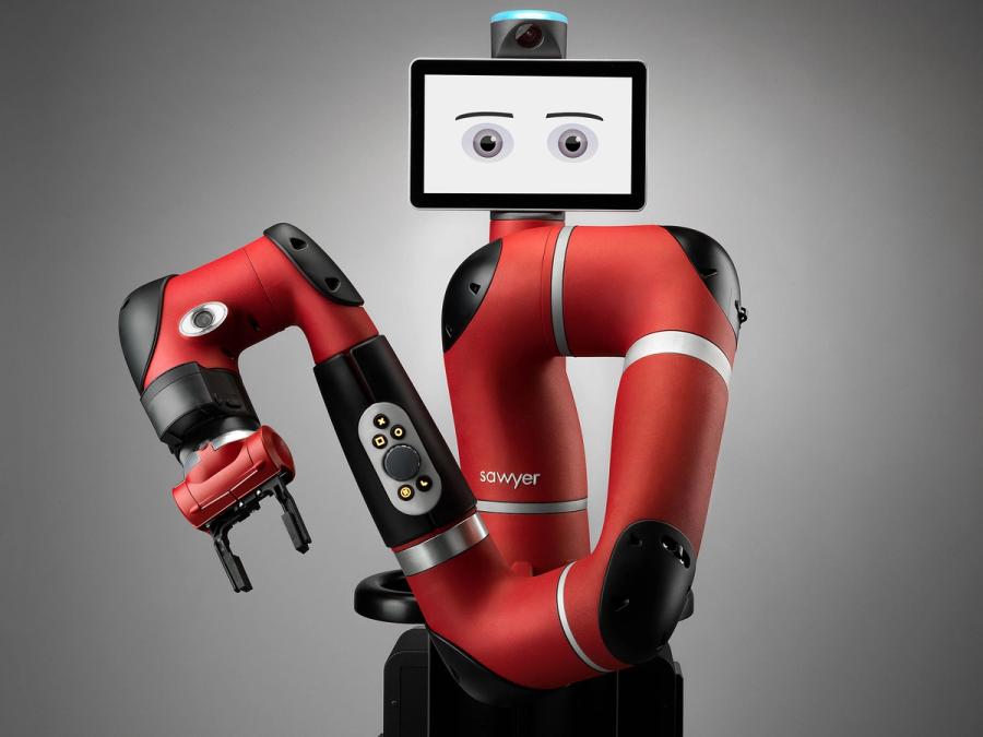 A red industrial one armed robot with a tablet for a face shows off its two gripper fingers attachment.