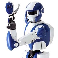 A blue and white robot that appears to be cartoonish yet humanoid shaped and wearing a helmet, poses with its arm flexed towards the camera.