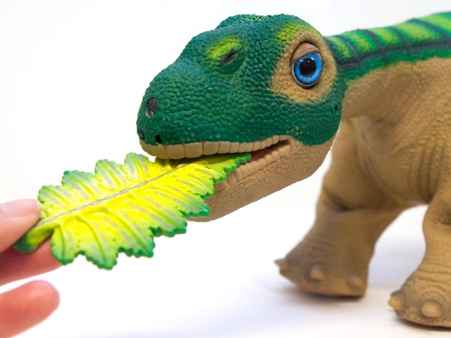 A hand places a leaf shaped toy in the dinosaurs' mouth.