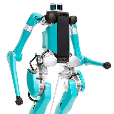 A blue-green bipedal robot with arms, cameras and sensors built into it's torso and a lidar "head".