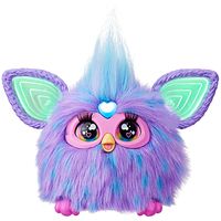 A squat hairy toy that is a cross between a bird and an owl, with a tuft of hair sticking straight up, and glowing ears.