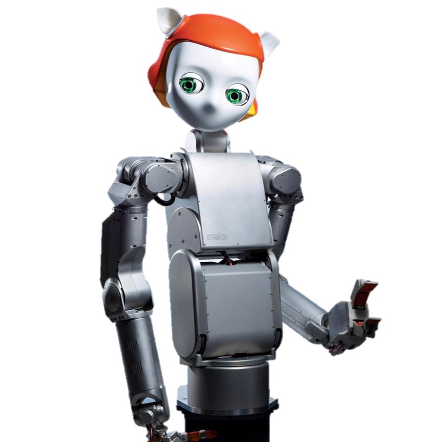 A robot with an orange headpiece, glowing blue cat ears and large green eyes, and a silver frame with two arms with grippers.