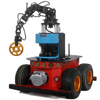 A robot with four wheels on it's red base, which holds a smaller blue base attached to a robotic arm which is gripping a segmented circle.