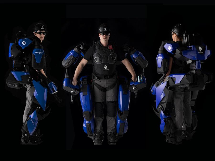 Three views show a person wearing a full body exoskeleton from the side, front and back.