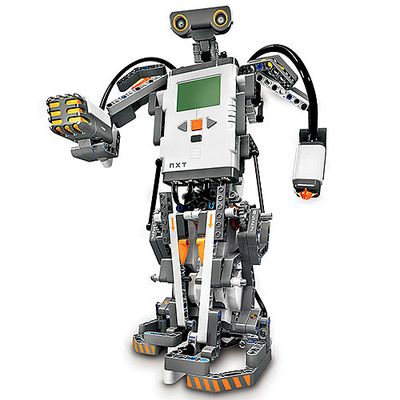 A humanoid robot made of Lego bricks, with a programmable module for a torso.