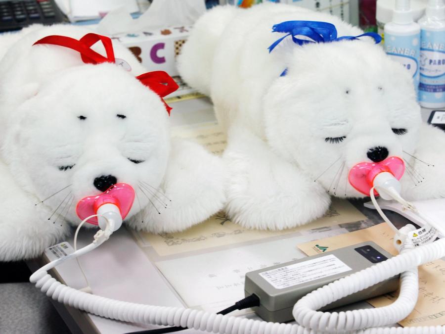 Two white furry robotic seals look as if they are sleeping while pink pacifiers with cords are in their mouths.