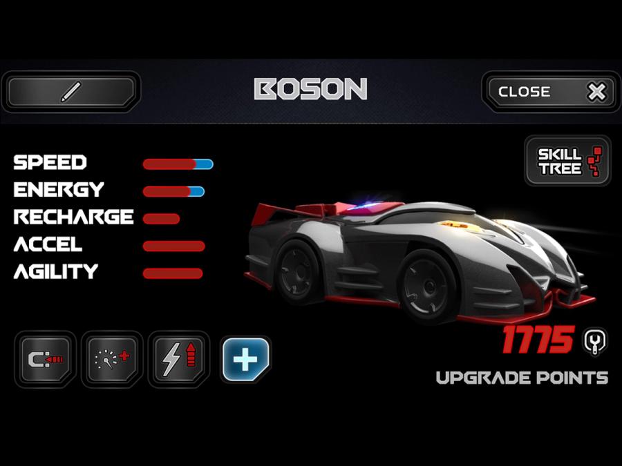 Screen shot of a car named Boson with stats showing speed, energy, recharge, accel and agility.