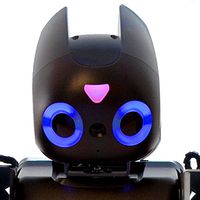 Close up of a robot's head. It has black casing, glowing blue eyes, a pink light, camera, and cat-like ears.
