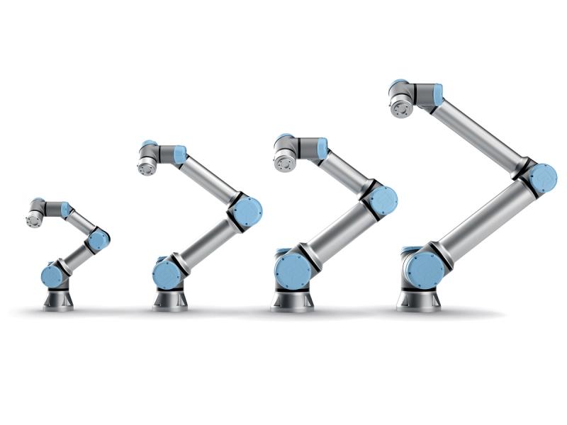 Four versions of progressively larger silver and blue jointed cobot robotic arms.