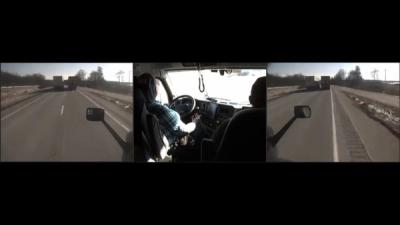 Center frame shows driver behind the steering wheel of semi truck, while left and right frames show camera views of the road.