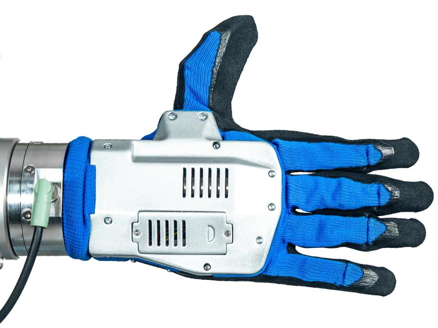 A robotic hand covered in blue and black soft material, with a metallic top piece.
