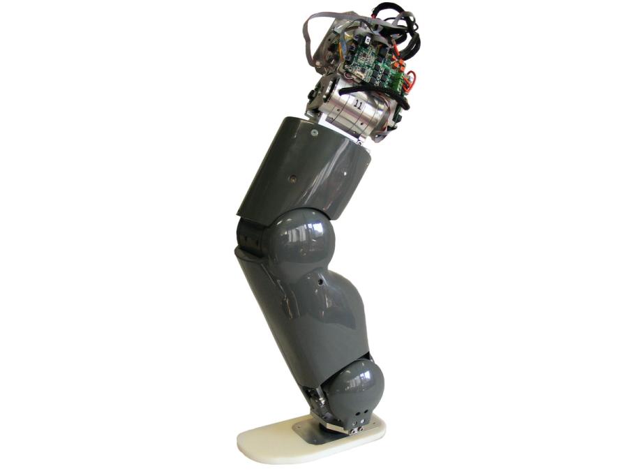 A robotic leg standing on a white background.