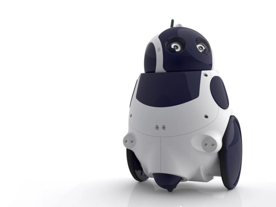 A simple blue and white robot with two wheels, a simple wide torso and a rounded head with two eyes, which look off into the distance.