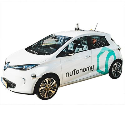 A self driving car labelled nuTonomy on a white background.