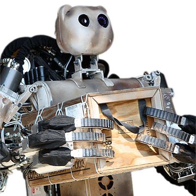 A two handed, three fingered robot, with a bear shaped head holds a wood crate to its torso.