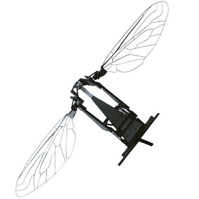 A tiny robot that mimics a bee. It has a black abdomen with two veined wings.