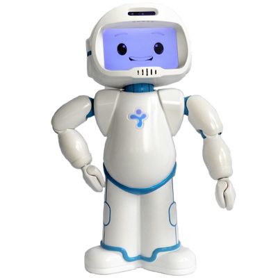 A friendly little humanoid with a simple white body, arms, and a rounded faceplate holding a screen displaying a smiling cartoonish face.