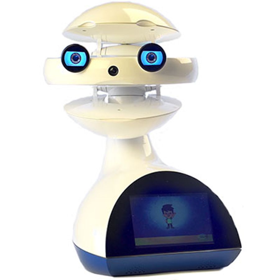 A tabletop robot with a spherical multi-segmented face, bright eyes, and a display screen.