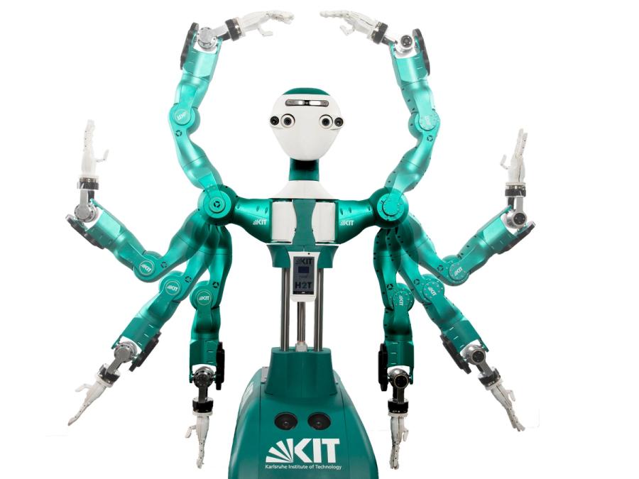 Multiple exposure image shows the robot's arms in the many positions it could be in from lowered to raised.