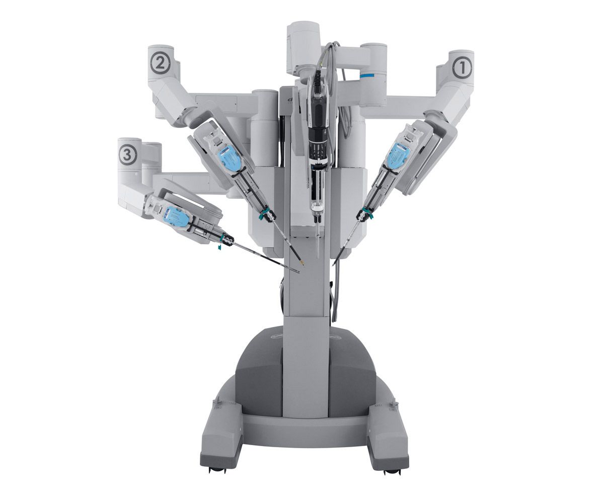 A series of images show a rotating view of a robotic system including four arms ending in surgical tools.