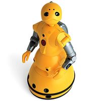 A cartoonish yellow robot with black eyes, arms, hands and a round flat base on a white background.