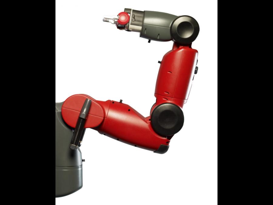 Close up of the robots arm and gripper hand.