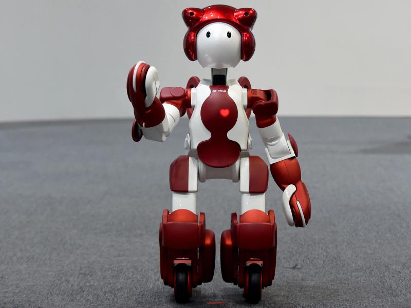 A friendly looking red and white humanoid robot with a cartoonish appearance. It has a glowing red heart shape on it's chest and moves on wheeled feet.