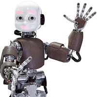 A child shaped robot with a shiny white head, camera eyes and glowing pink lights for eyebrows and smile waves at the camera.