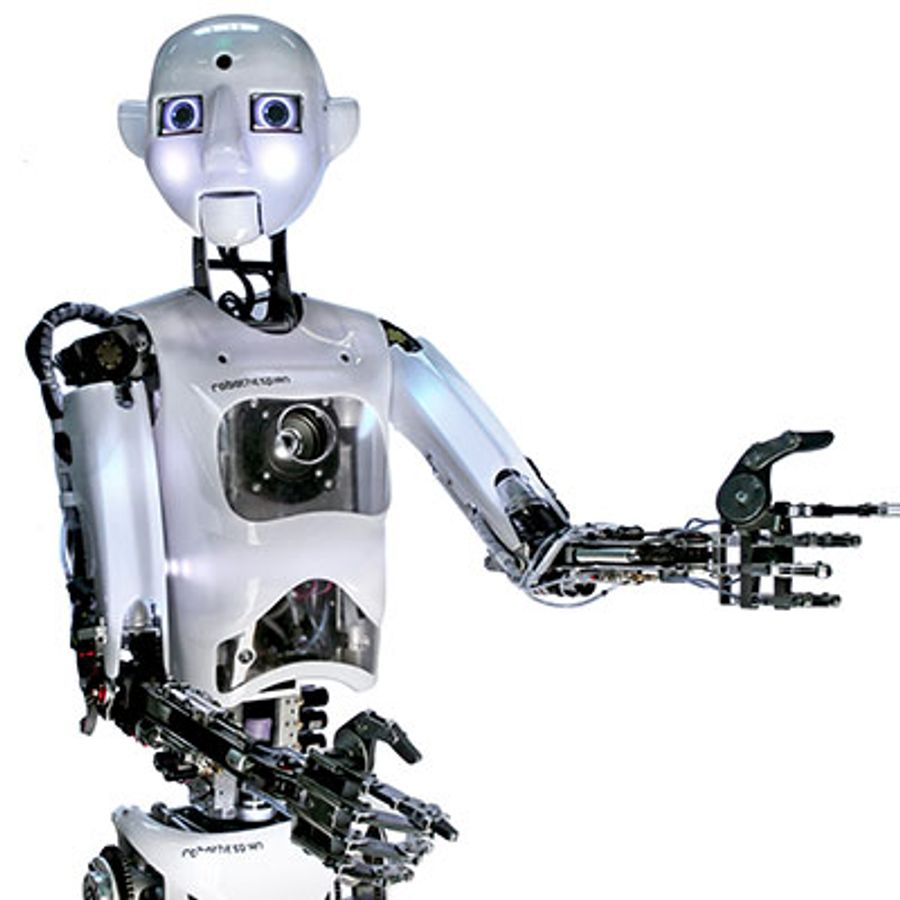 A humanoid robot with a white egg shaped head and expressive face gestures with it's white arms and black segmented hands.