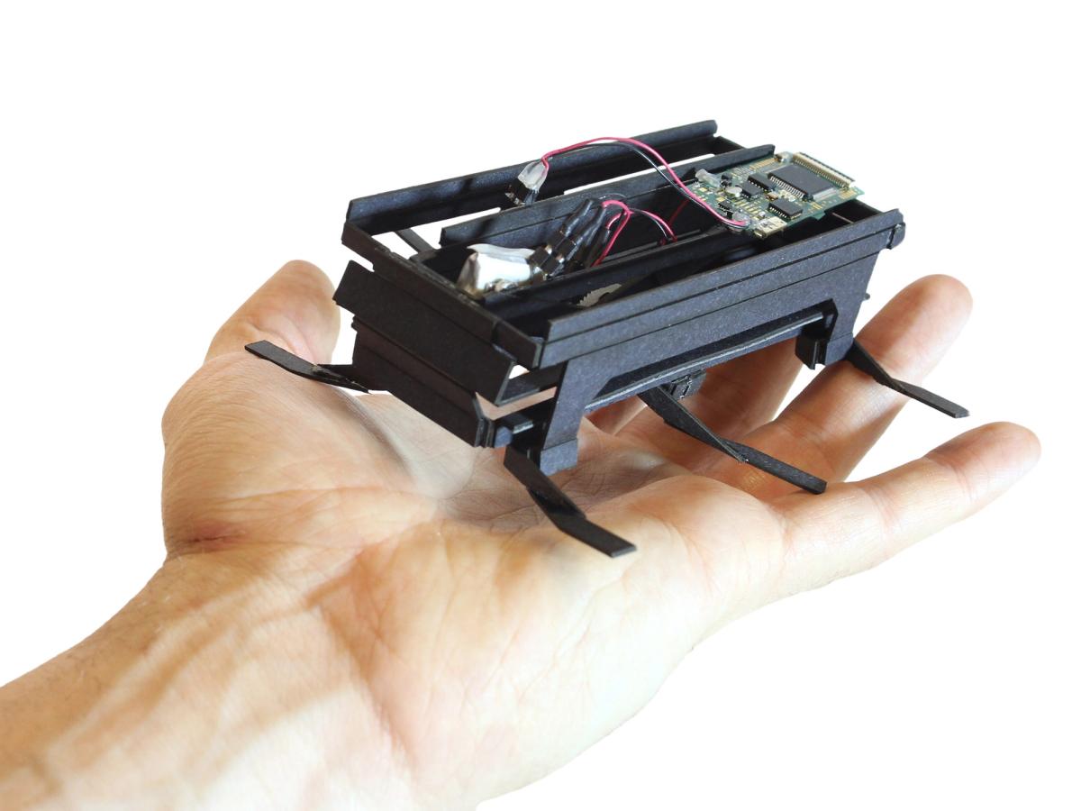An insect-inspired robot that features six flipper legs and a flat, rectangular body sits in the palm of a hand.