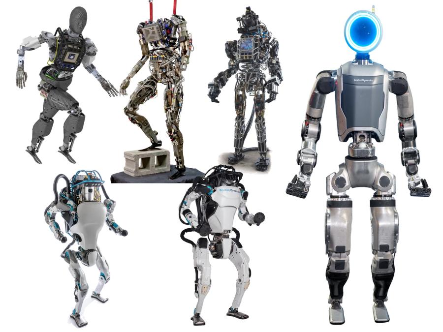 A collection of six photographs of different iterations of Boston Dynamics' Atlas humanoid robot.