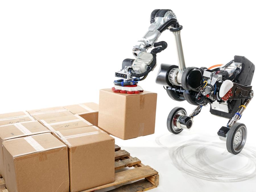 A two-wheeled robot with a long body, and a jointed extendable arm ending in a pad of red suction cups picks up a box from a pallet of many boxes.