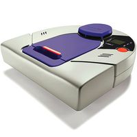 A grey and purple robot vacuum.
