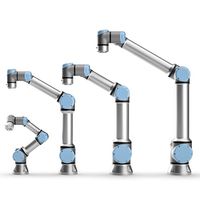 Four versions of progressively larger silver and blue jointed cobot robotic arms.