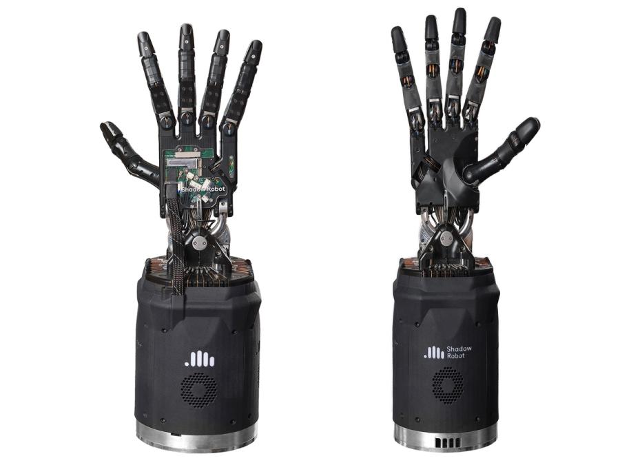 Front and back view of a five fingered robotic hand.