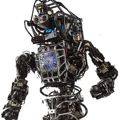 Close up the 2013 Atlas robot showing a complex electronics and sensor laden humanoid robot.