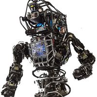 Close up of a complex electronics and sensor laden humanoid robot.