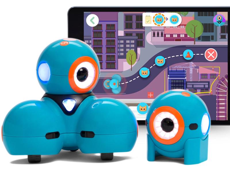 Two blue robots with the appearance of having a circular head with one big eye. One is larger and three wheeled, and the other is smaller and spherical. Behind them is an iPad with a map.