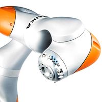 Close-up of a silver and orange robotic arm.