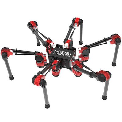 A red, black and silver hexapod robot.