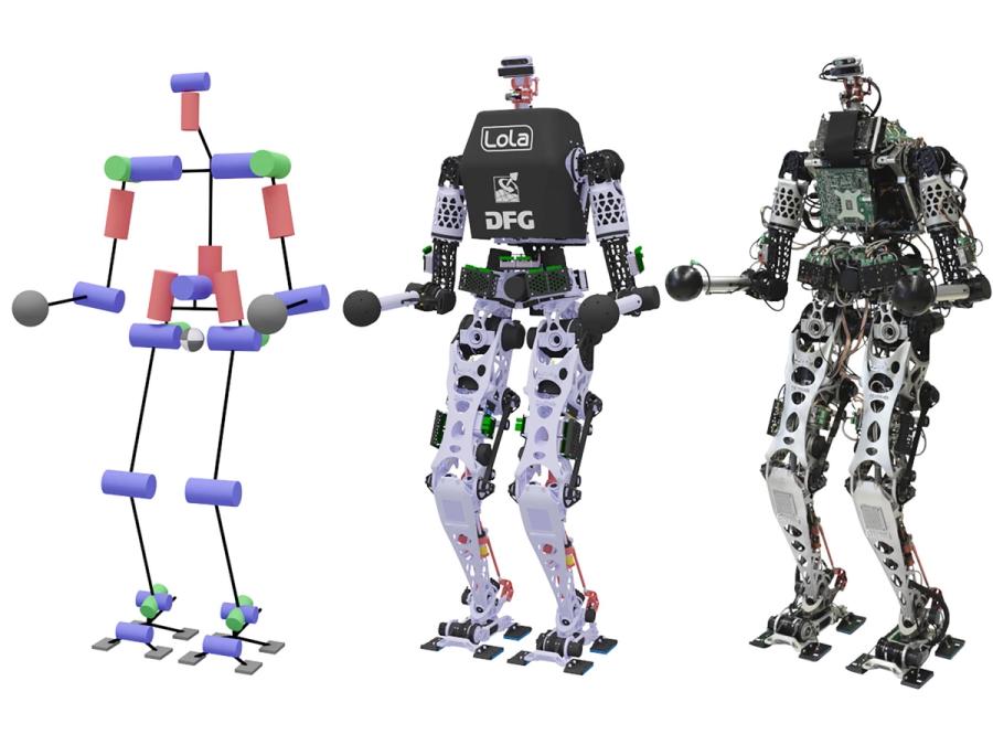 Three views of a humanoid robot show it in simulation, prototype and final robot.