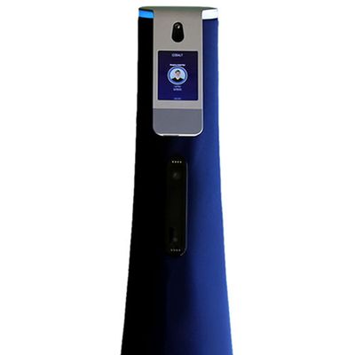 A tall, blue, rectangular robot that is wider at its base features a screen showing a person's face.