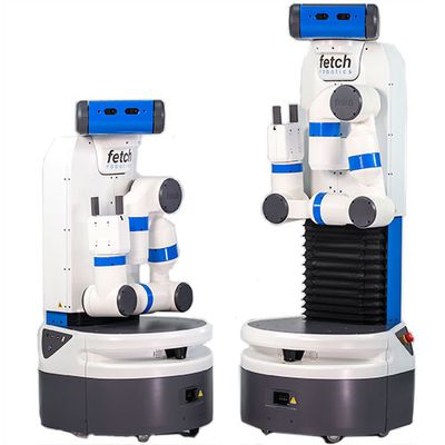 Two mobile robots with articulated arms, camera sensor, and an accordion-style section in the base that has raised one higher than the other.