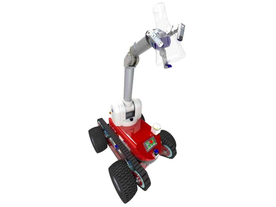 A silver three fingered articulated robot arm holds a beaker while attached to a red wheeled vehicle base.