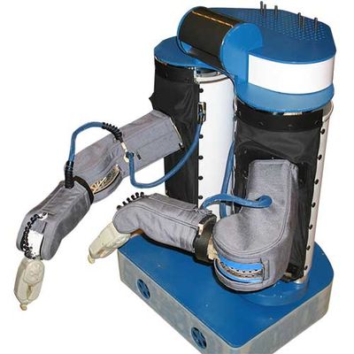A blue and silver base with two vertical pieces units, each of which have a robotic arm in grey material and beige gripper end effectors. 